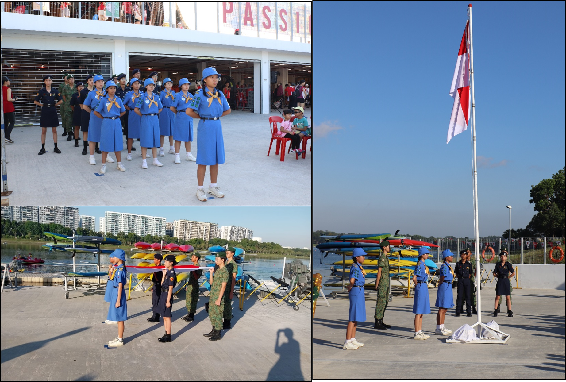 Collage shows uniformed youths in blue at a waterfront, standing in formation and saluting a flagpole.